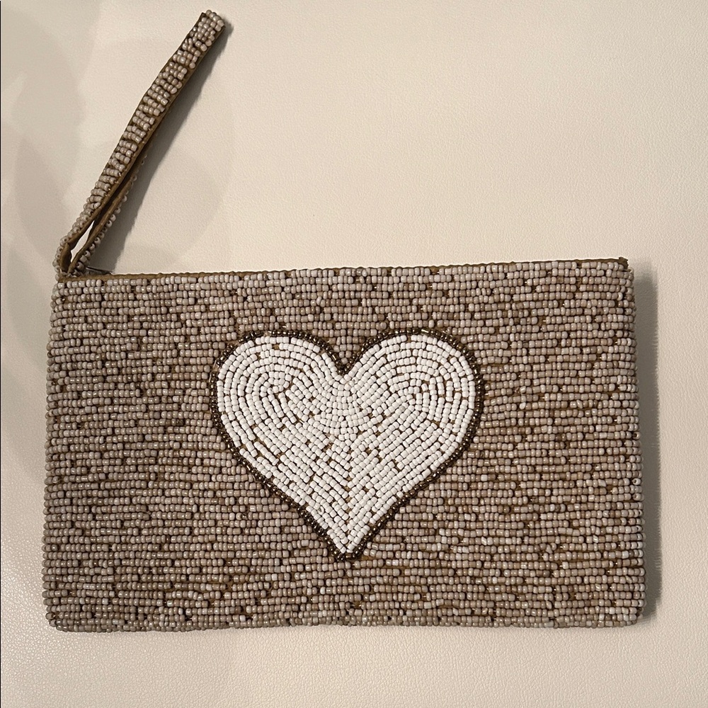 Gorgeous Beaded Heart Clutch in Tan and White